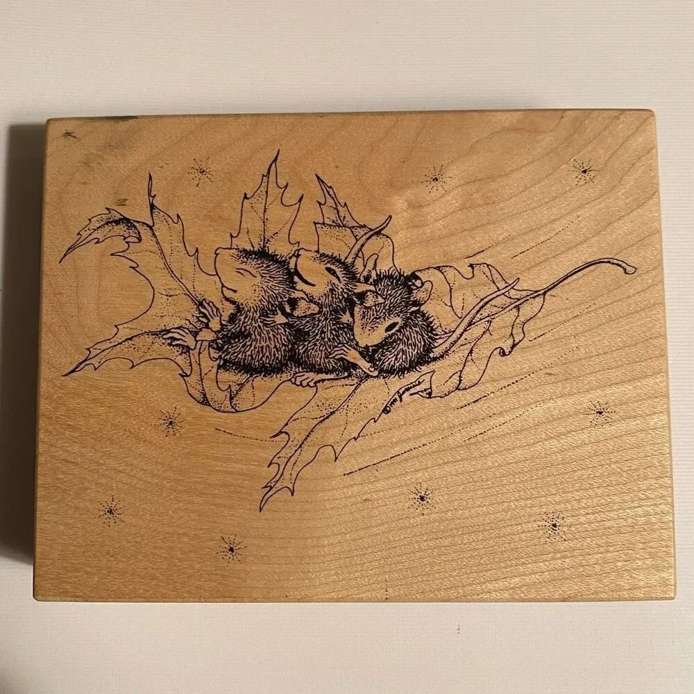 House Mouse Autumn Floating on a Leaf Fall Rubber Stamp 1997